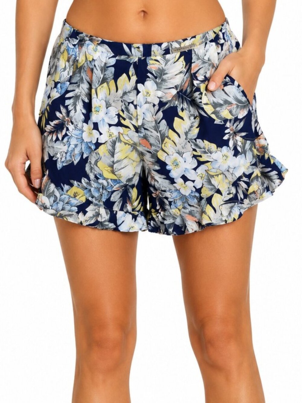 Mustard Seed Floral Ruffle Hem Shorts Womens Size S Navy Tropical Flowy - Picture 1 of 10
